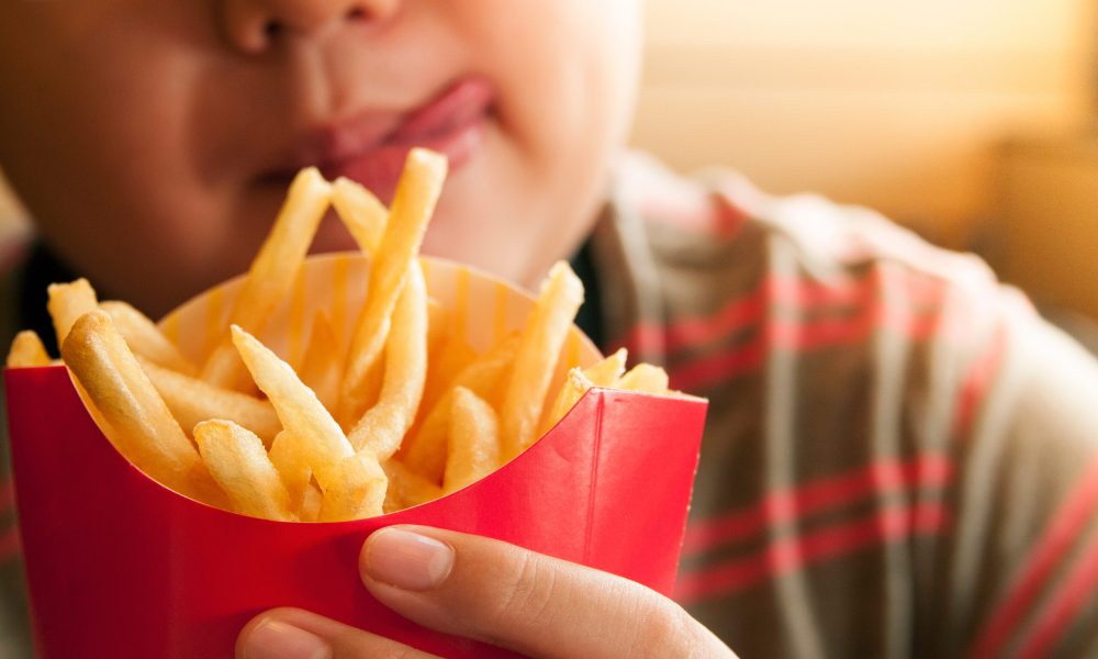 Closeup of kid holding french fries packet